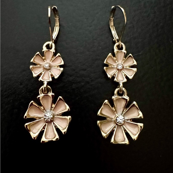 Vintage Napier Pink Enamel Rhinestone Flower Dangle Earrings - Picture 2 of 4